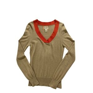 Fossil V-Neck Sweater Women's M Tan Orange Trim Lightweight Knit Top